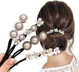 Hair Bun Maker, Deft Bun, 4PCS Women Magic Hair Bun Maker with Peal and Flower, Magic Twist Hairpin Lazy Curler Reusable Bun Hair Accessories for Women Girls,French Twist Hairstyle Donut bun Former Maker Hairstyle (Black and white)