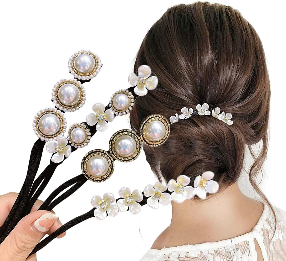 Hair Bun Maker, Deft Bun, 4PCS Women Magic Hair Bun Maker with Peal and Flower, Magic Twist Hairpin Lazy Curler Reusable Bun Hair Accessories for Women Girls,French Twist Hairstyle Donut bun Former Maker Hairstyle (Black and white)