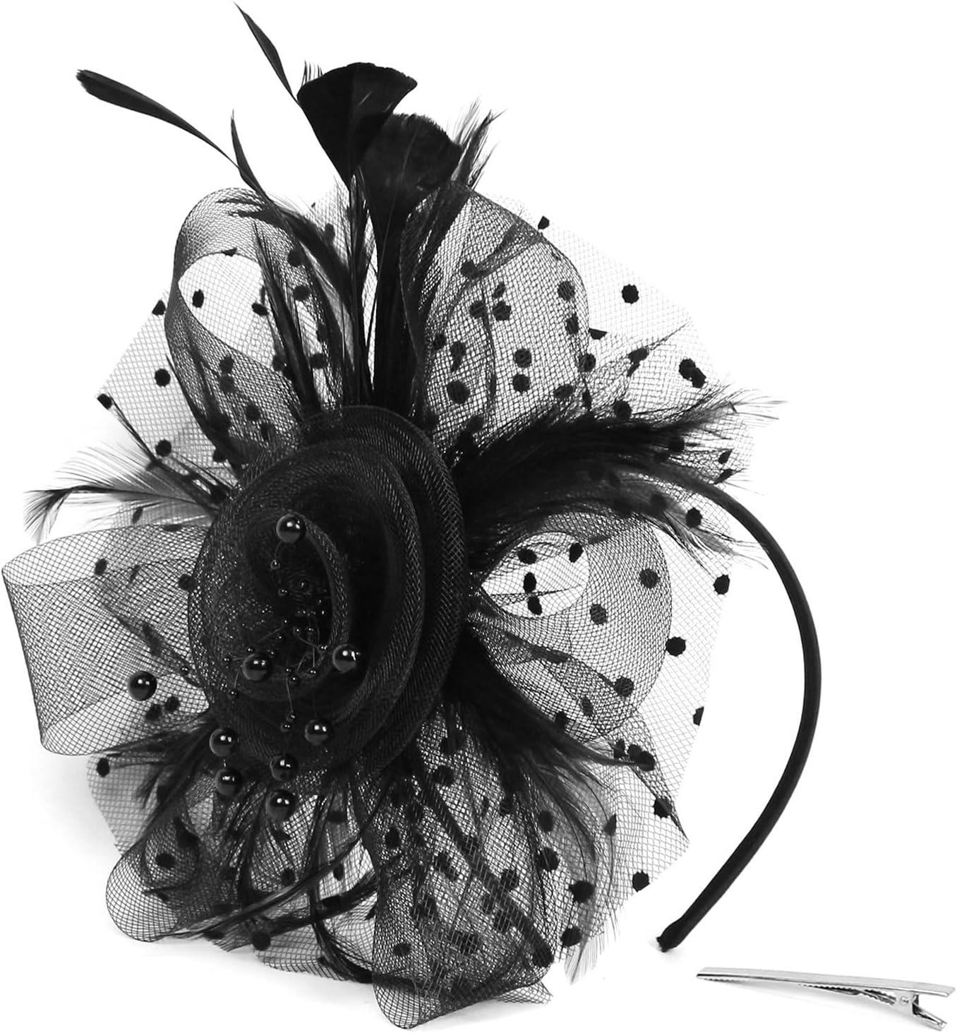 Fascinators For Women,Mesh Feather Fascinator Hats,Headband Hair Clip Net Veil Headwear, Party Evening Dress Female Veil Gauze Hair Accessories（Black）