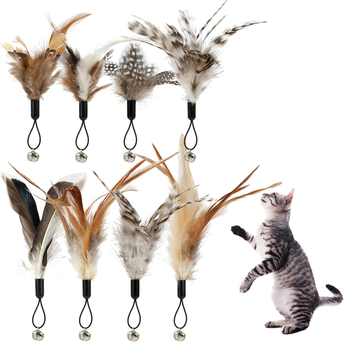 8 Pcs Cat Feather Toys with Bells, Feather Teaser Cat Toy, Replacement Feather Refills with Bells, Exerciser Playing Toy for Kitten or cat