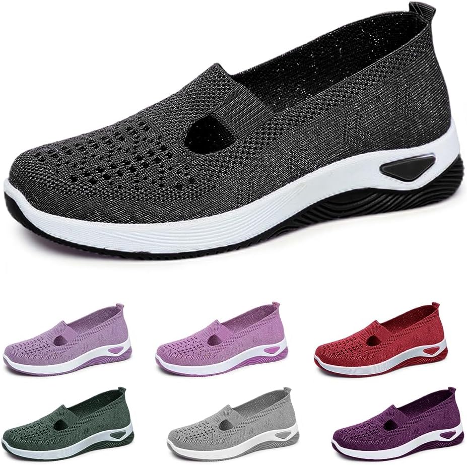 2024 New Women's Woven Breathable Soft Sole Shoes, Upgrade Orthopedic Shoes Outdoor Hiking Mesh Up Knit Stretch Slip on Casual Orthopedic Sneakers for Women
