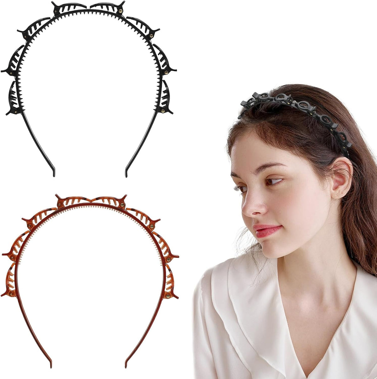 Double Bangs Hairstyle Hairpin,2 Pack Hairpin Headband Twist Clip Headband with Toothed Headband Braid Tool Hair Band With Clips for Girls Women Fashion Hair Accessories(Black and Brown)