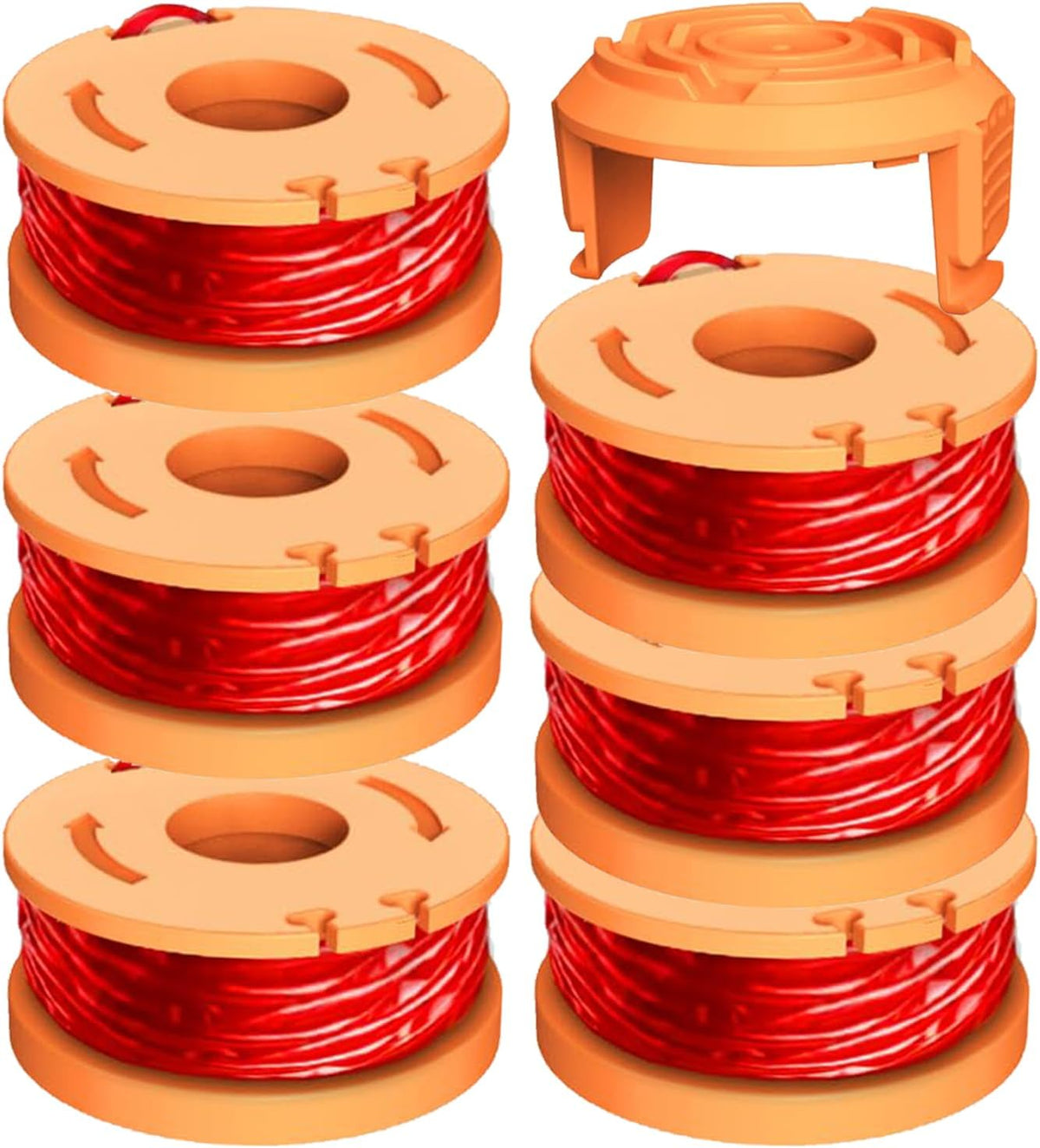 7Pack WA0010 WA0004 Replacement String Trimmer Spool Compatible with Worx WG154 WG162 WG163 WG170 WG151 WG180 Autofeed Weed Eater,Spool Line 10ft 0.065'' and WA6531 Cover Cap (6Spool + 1Cap)