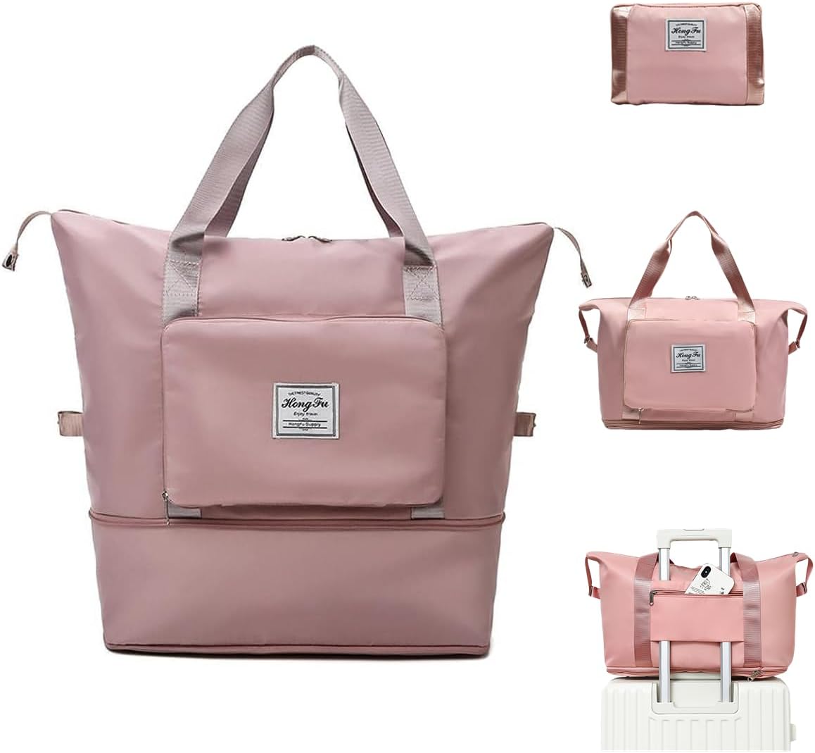Foldable Travel Duffel Bag for Women, Large Capacity Folding Sports Gym Bag, Lightweight Waterproof Bag Holdall Tote Carry on Hand Luggage Overnight Weekender Bag Hospital Bag for Men Women (Pink)