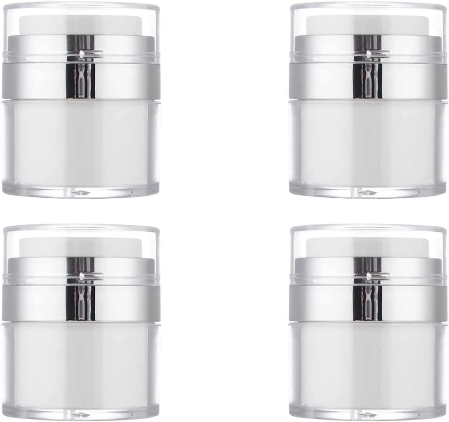 4Pack Empty Airless Pump Jar Portable Refillable Travel Size Cream Jar Vacuum Bottle Lotion Jar with Pump Lid for Skincare Cream, White, Vacuum with Lid Can Refill Cosmetics (100ml)