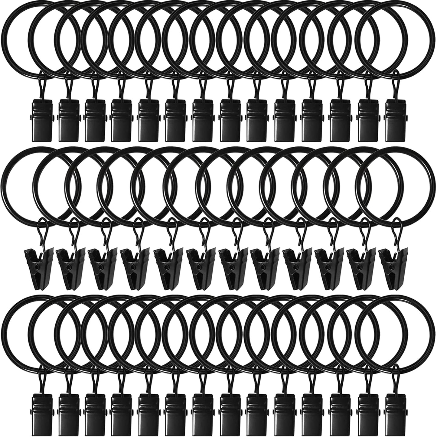 40 Pack Curtain Rings with Clips, Drapery Clips Rings, Drapes 1.26 in Interior Diameter, Fits up to 1 Rod, Black 1.26" I D