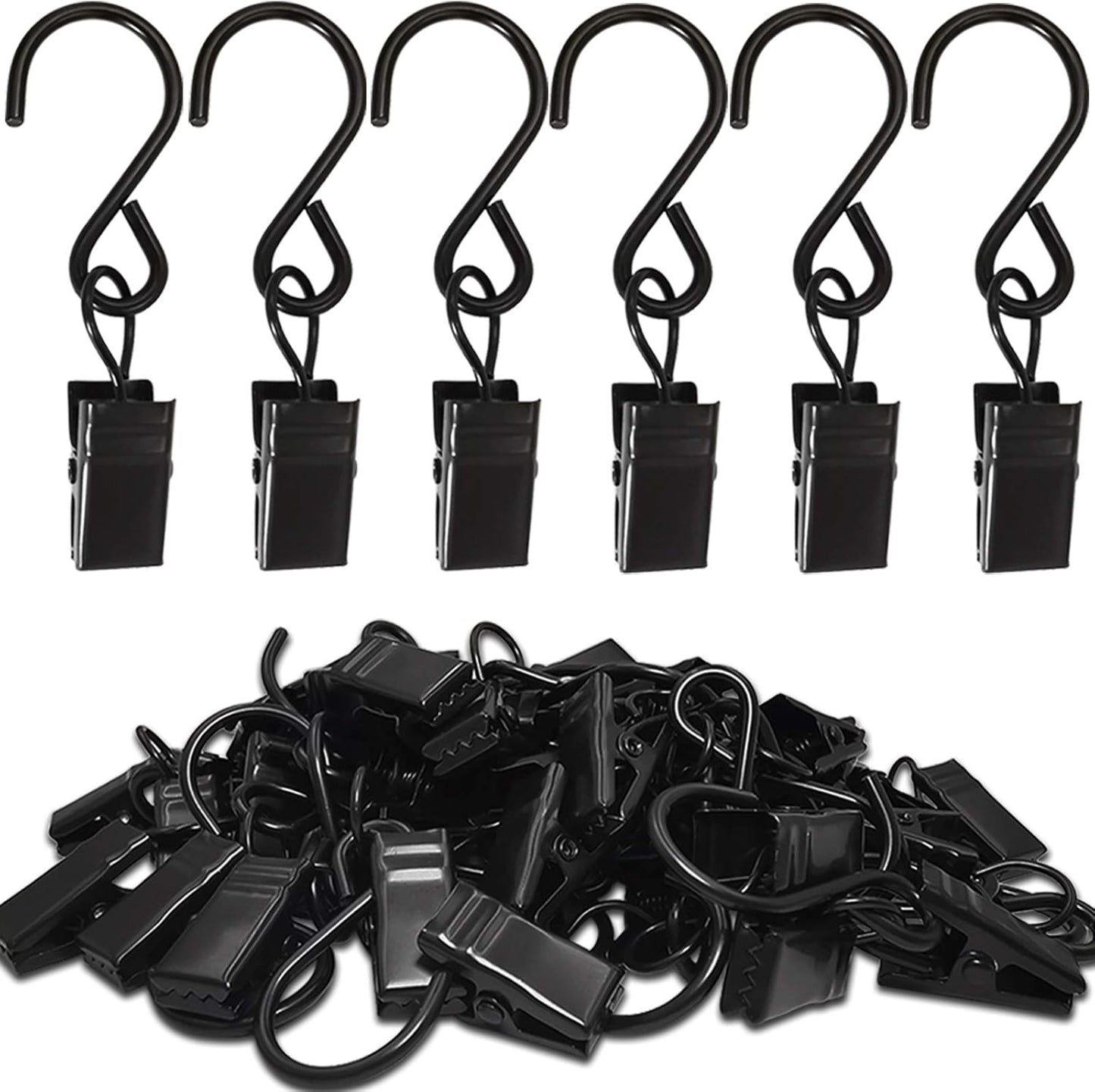 Stainless Steel S Hooks Curtain Clips, 50 Pack Hanging Party Lights Clips Hangers Gutter Photo, Art Craft Display, 2.4 Inch Long, Black Long -