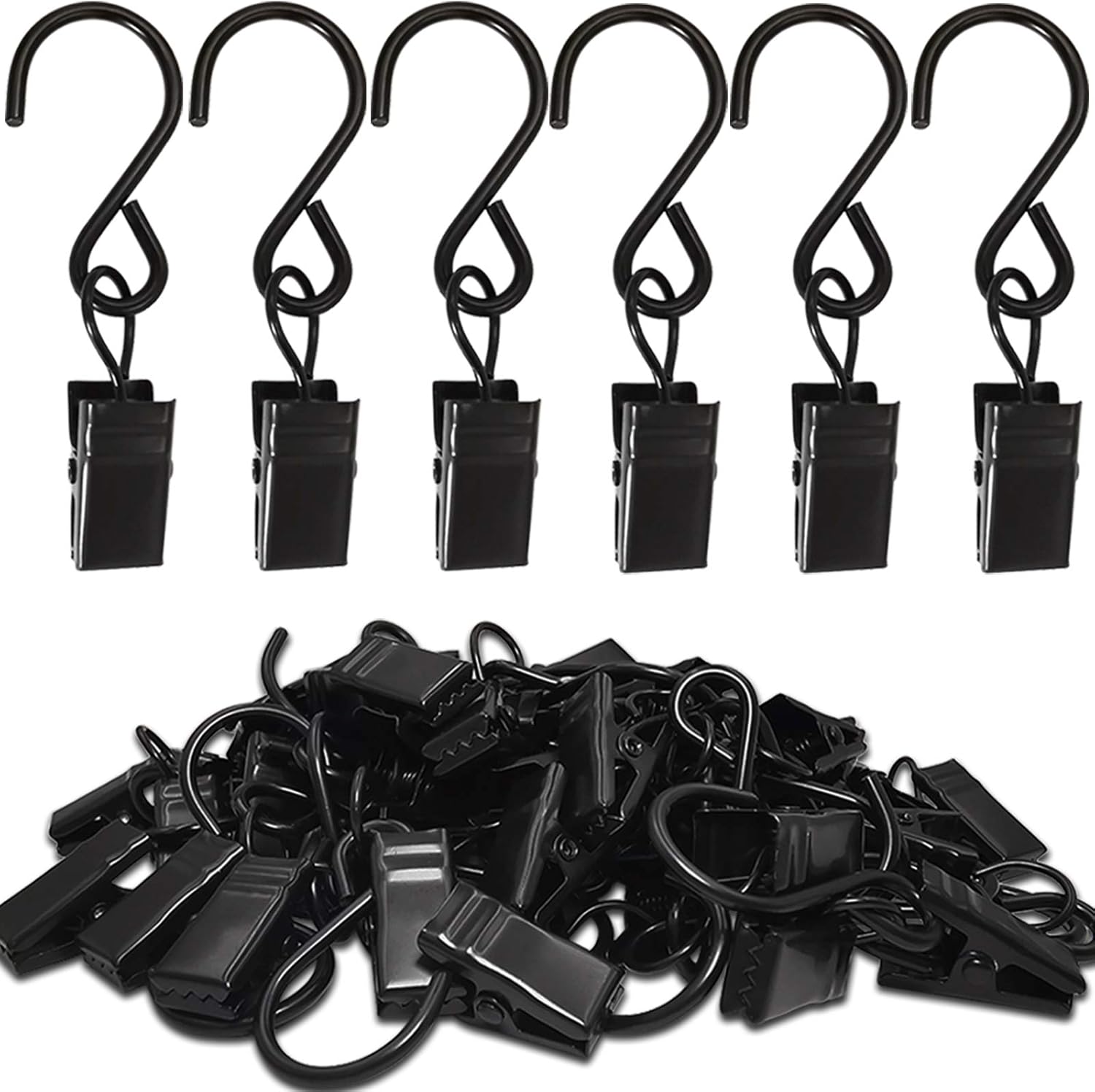 Stainless Steel S Hooks Curtain Clips, 50 Pack Hanging Party Lights Clips Hangers Gutter Photo, Art Craft Display, 2.4 Inch Long, Black Long -
