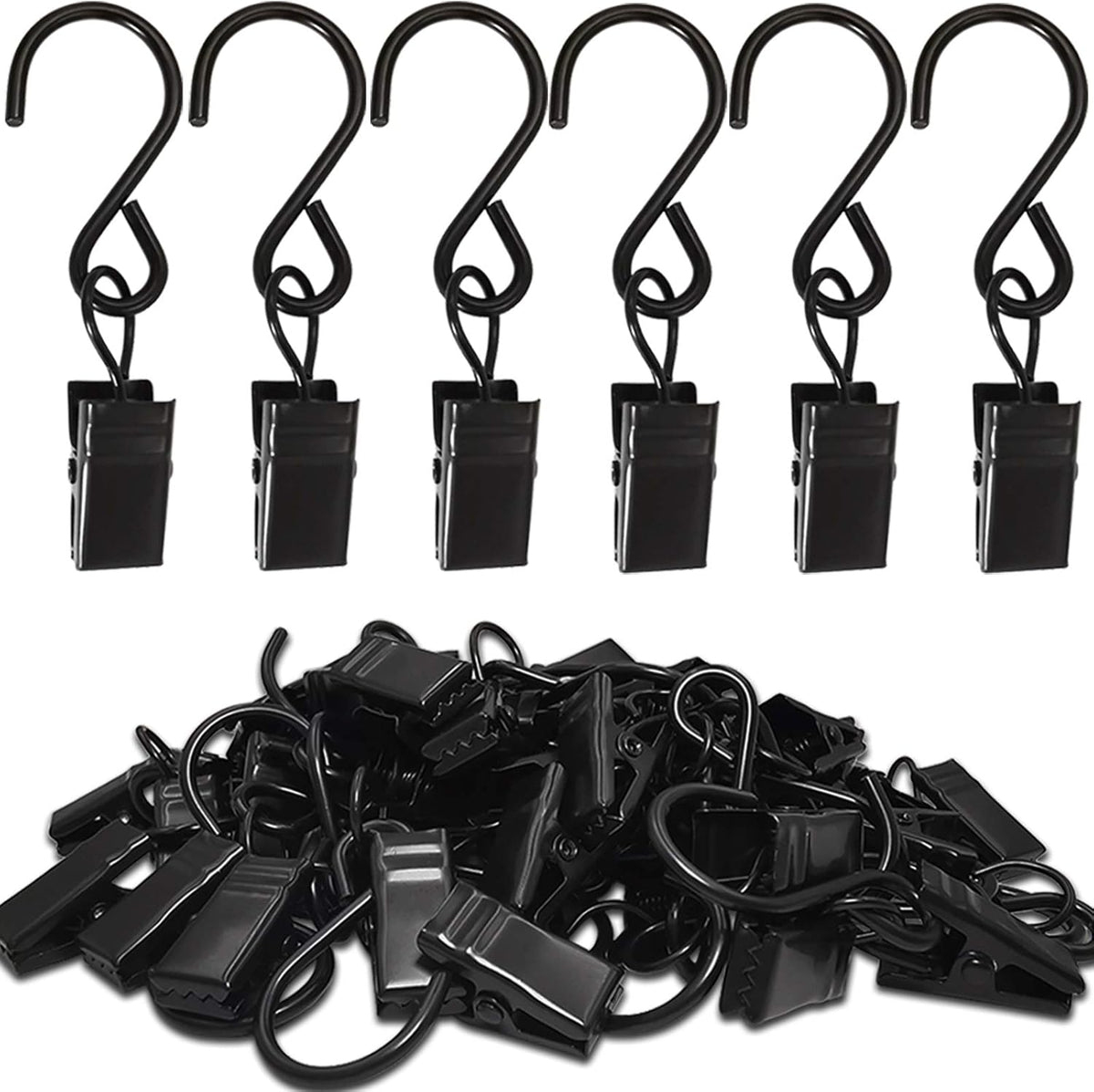 Stainless Steel S Hooks Curtain Clips, 50 Pack Hanging Party Lights Clips Hangers Gutter Photo, Art Craft Display, 2.4 Inch Long, Black Long -