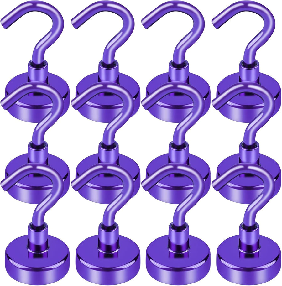 Cruise Essentials, 28lbs Magnetic Hooks for Cabins, Purple Magnets Door, Strong Hanging, Refrigerator, Celling, Grill - 12 Pack
