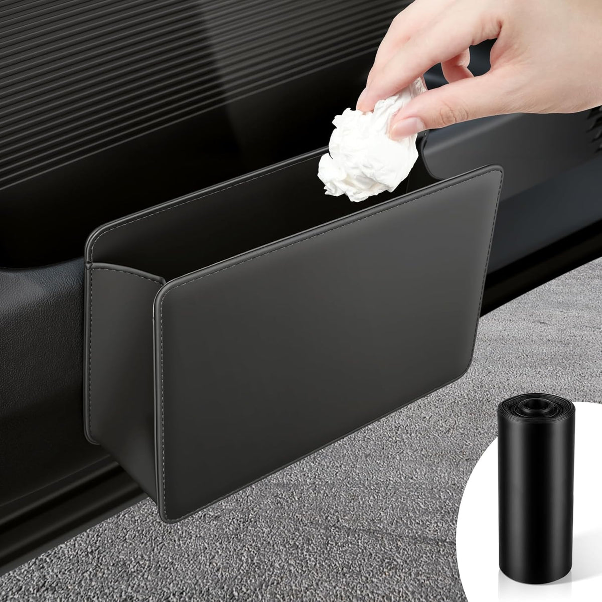 Car Door Trash Can, Leather Vehicle Bin, Mini Dustbin Garbage Container Can with 30 Pcs Bags, Foldable Storage Bag Organizer, Accessories Interior for Women Men, Black -