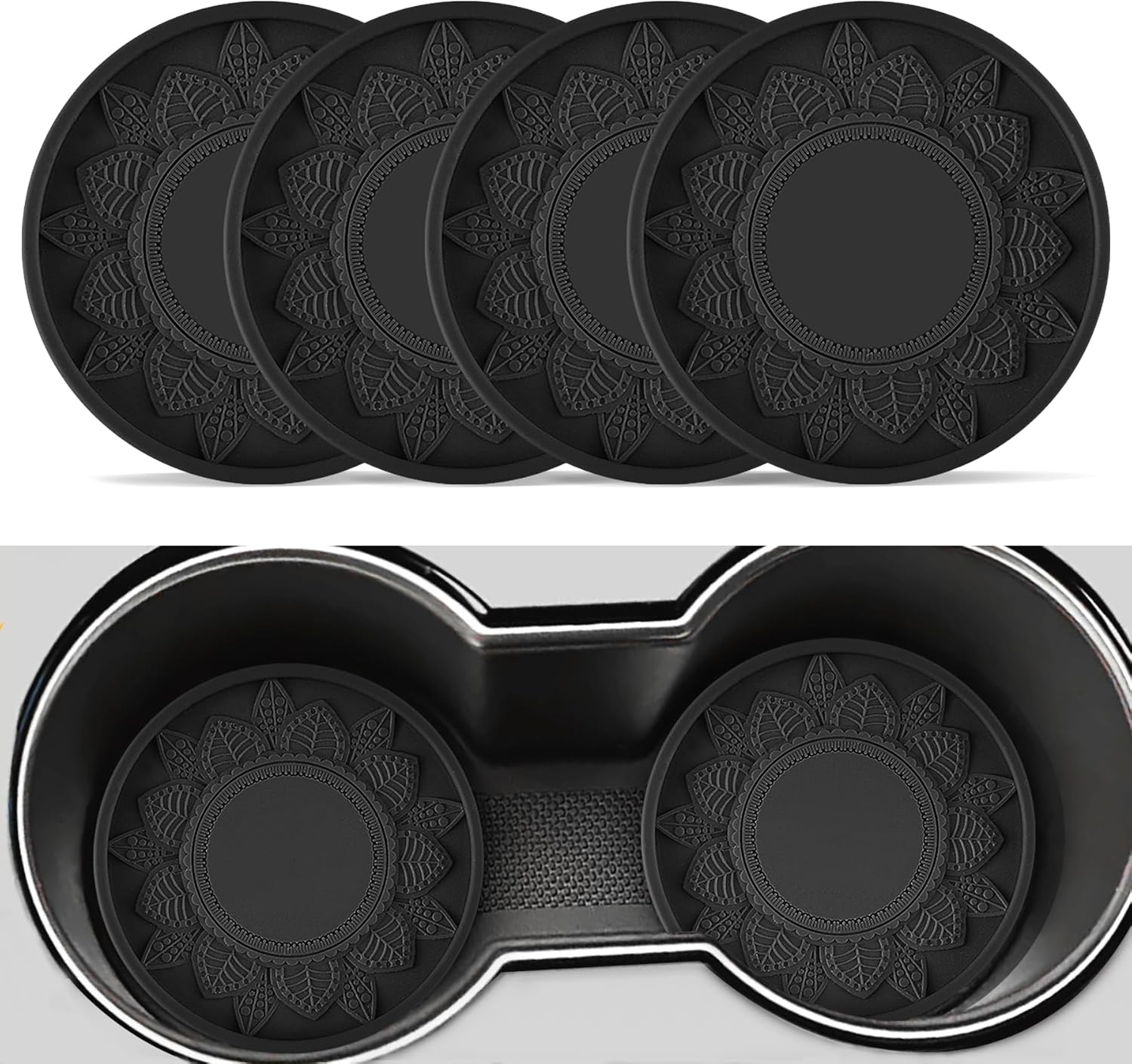Car Cup Holder Coaster, 4PCS Silicone Holders Embedded in Decoration Coasters, Universal Non-Slip Holders, Interior Accessories, Ornaments Black -