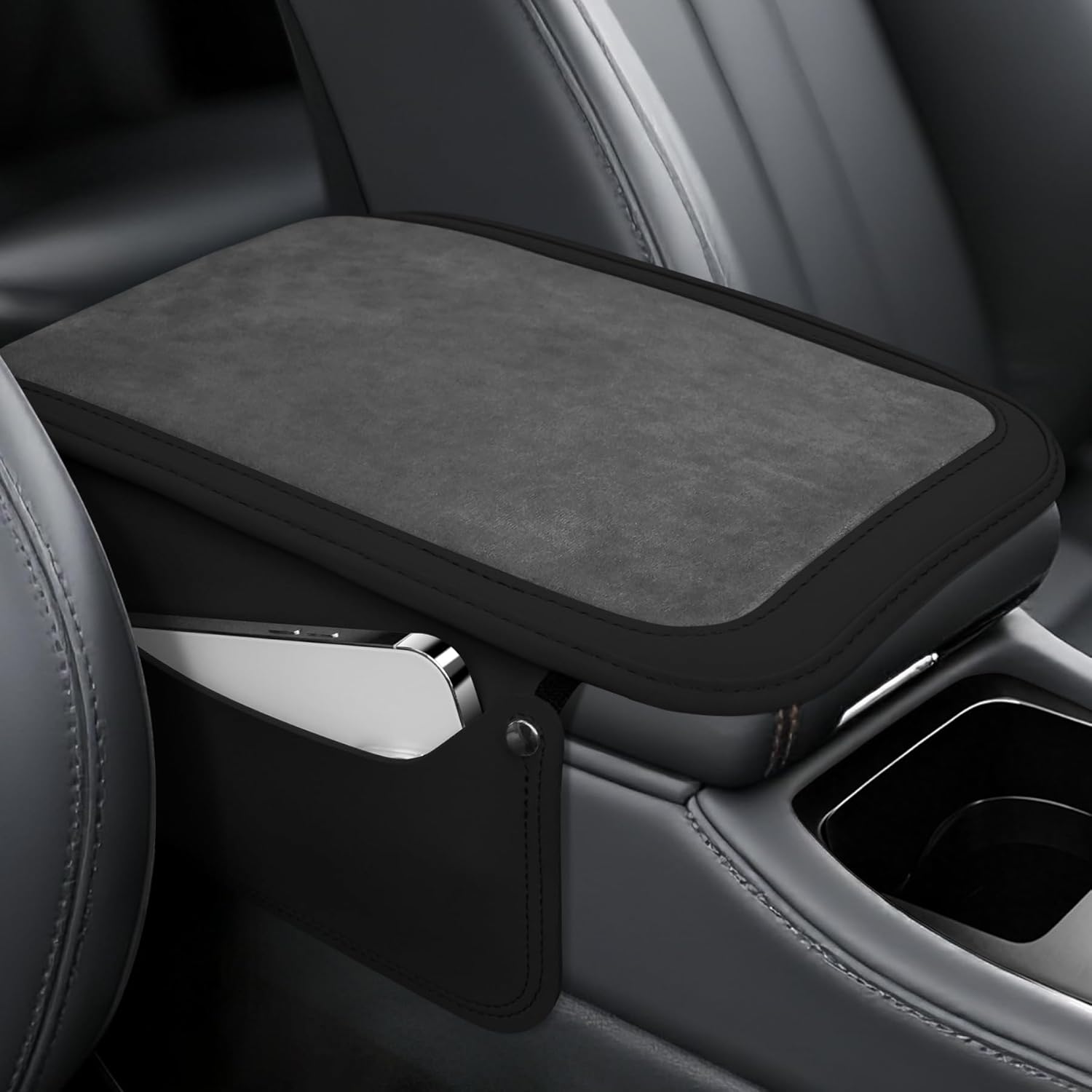 Car Leather Furry Center Console Cover with 2 Storage Bags, Universal Fluffy Armrest Seat Box Pad, Comfortable Interior Accessories, Fits for Most Vehicles (Black) Black -