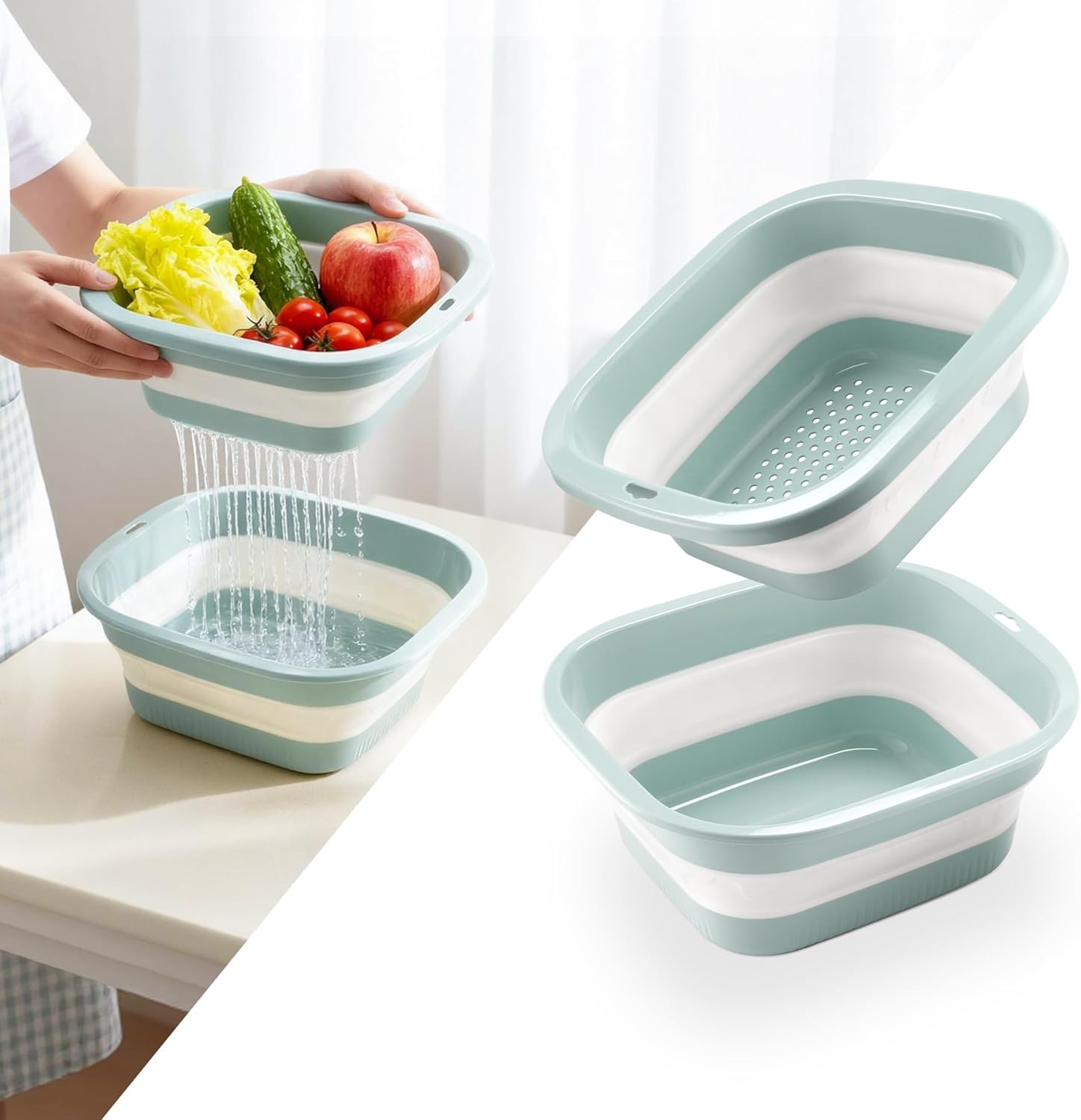 1.5 Gal (5.5L) Collapsible Dish Basin with Drain Basket Colanders, Multiuse Double-Layer Foldable Strainers Sink Tub, Wash Pan, Plastic Tubs, Dishpan, Kitchen Sink, Green -