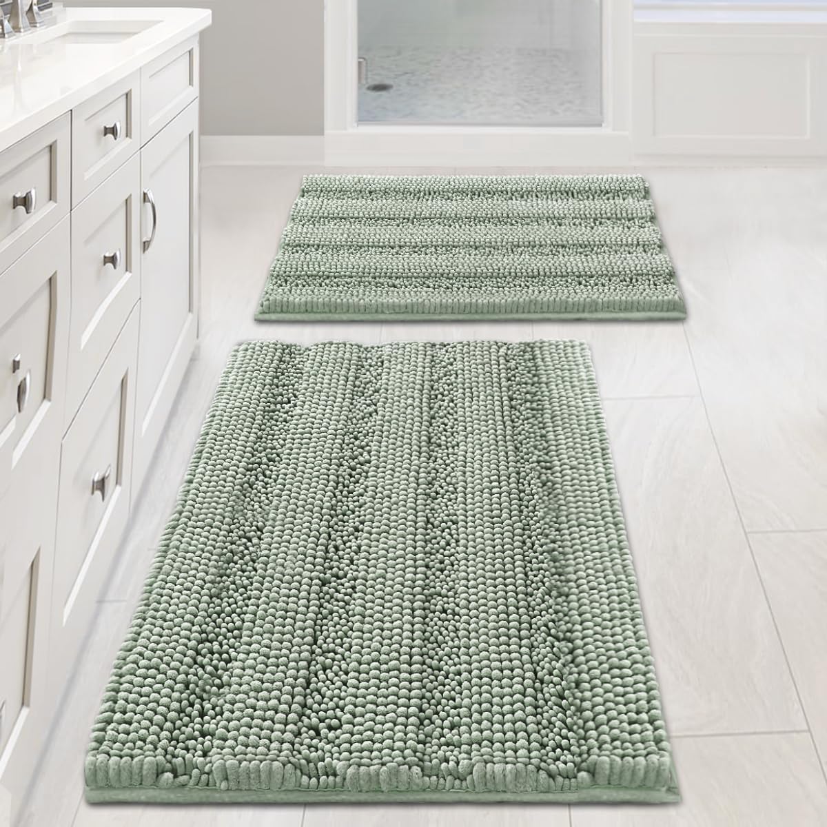 Sage Bathroom Rugs, Bath Mat Set of 2 Extra Thick Chenille Striped Pattern Shaggy Rugs for Room, Non Skid Mats Floor (32 x 20 Plus 24 17 - Inches) 20" 32" 17" 24"
