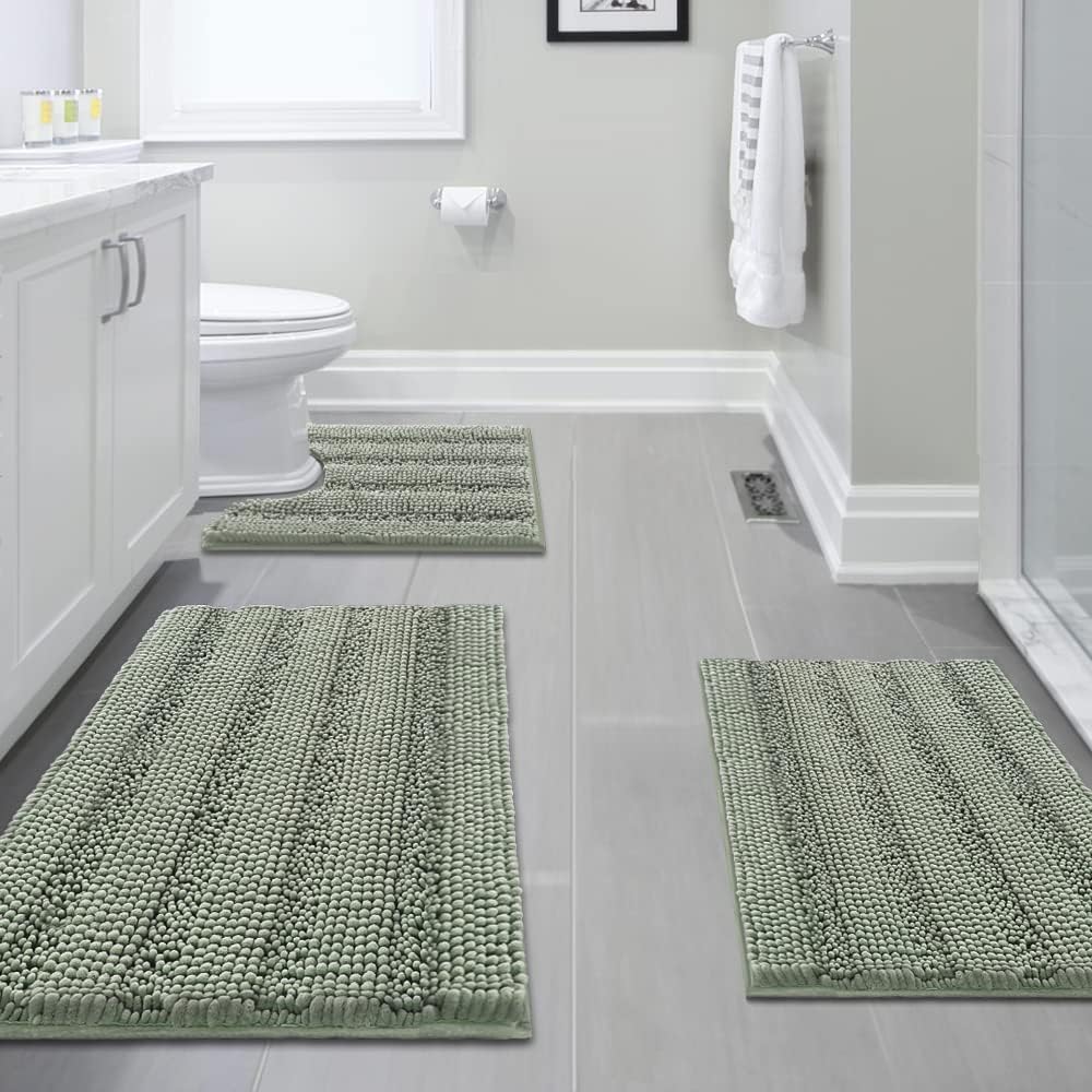 3 Piece Bathroom Rugs Sets Thick Striped Bath Set for Non Slip Soft Absorbent Mat Tub, Shower and Toilet(17''x24''+20''x32''+20''x24'' U-Shaped, Sage) Sage 17" x 24" + 20" 32" U Shape