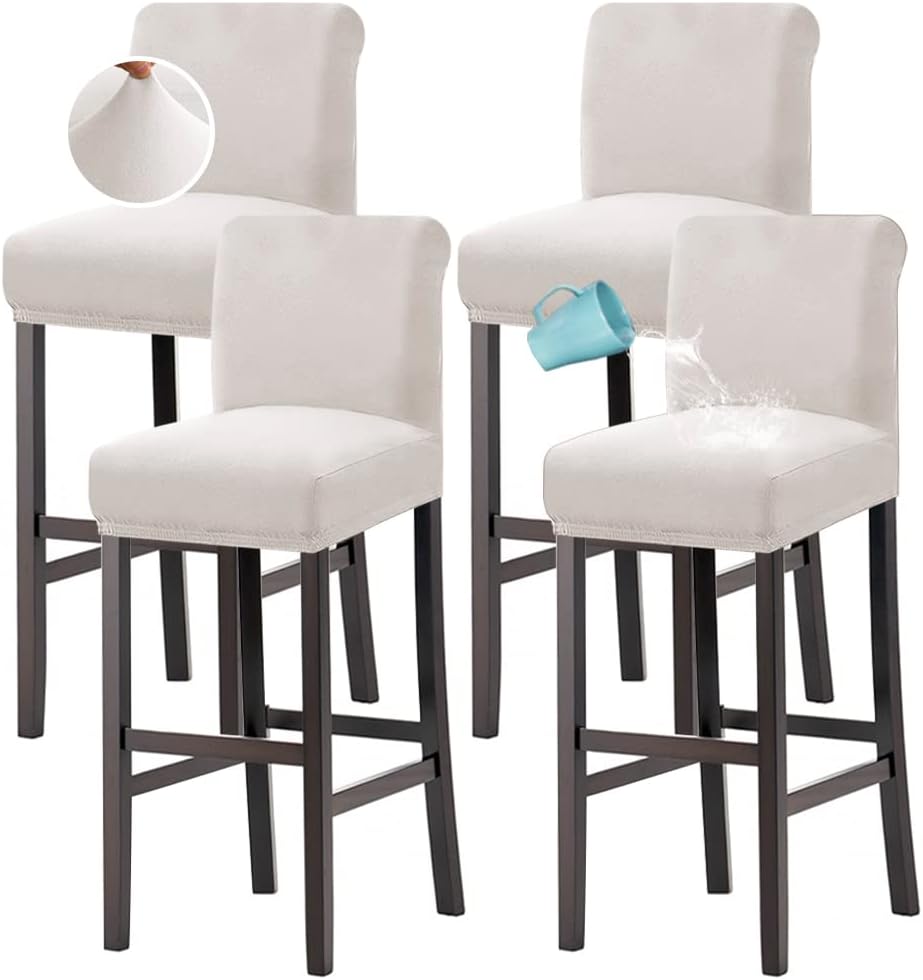 100% Waterproof Bar Stool Cover Stretch Counter Pub Chair Slipcover for Dining Room Removable Soft Thick Solid Fleece Fabric Slipcovers Set of 4, Ivory Fleece-ivory -