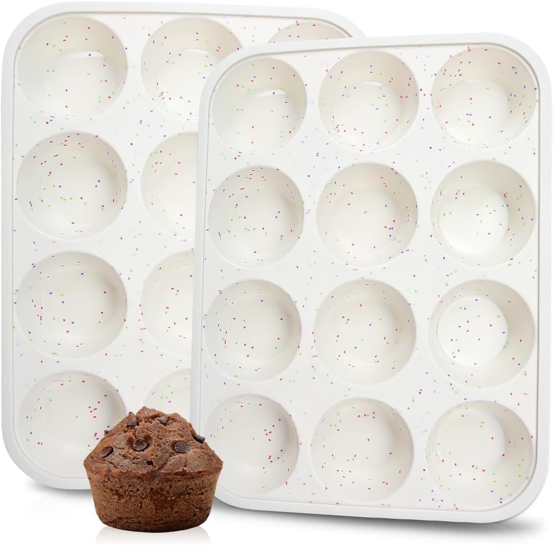 Silicone Muffin Pan, Metal Reinforced Frame Cupcake Pan 12 Cups Regular Size Easy to Move in or Out of Oven Non-Stick (2) Confetti: 2pcs -