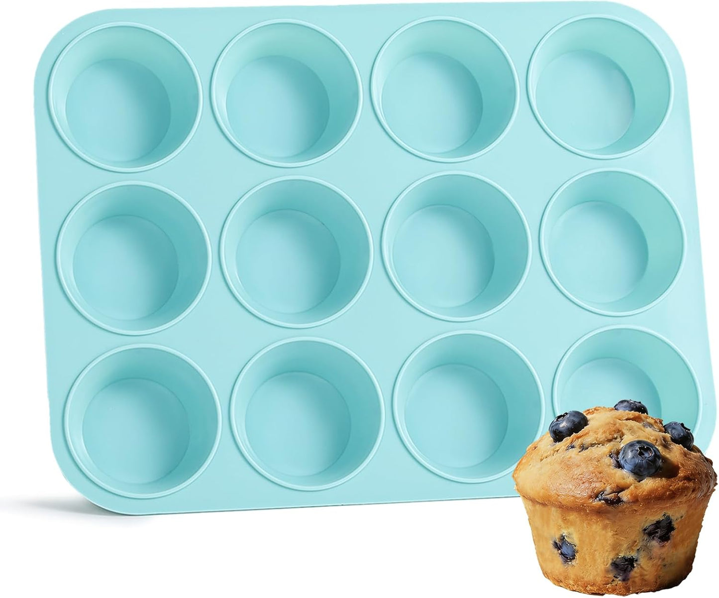 Silicone Muffin Pan, Regular Size 12 Cups Non Stick Cupcake Pan for Baking, Light Blue -