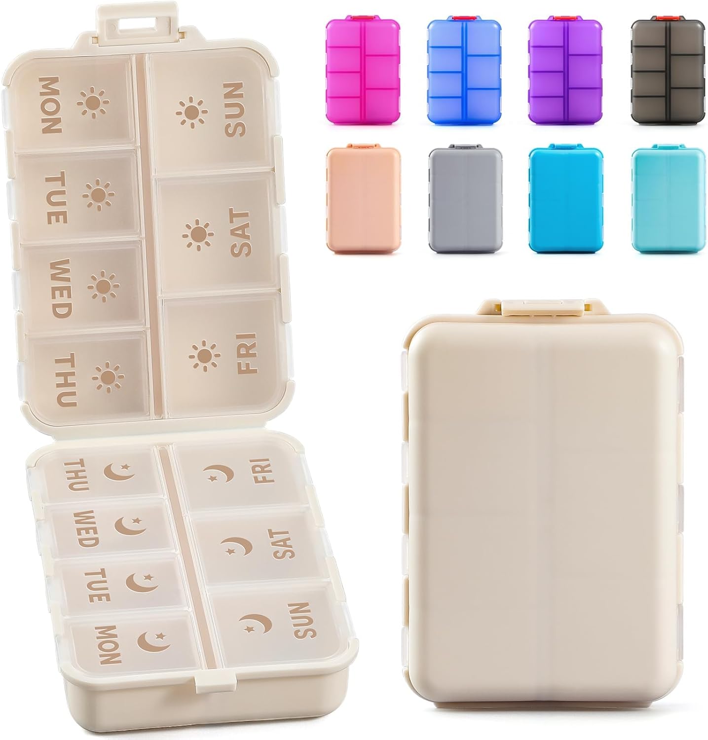 NEW Foldable & Double Protection Portable Weekly Pill Organizer 2 Times A Day with Etched Labels, AM PM 7 Week Medicine Box, Daily Travel Case Holder Dispenser for Vitamin, Supplement - Khaki