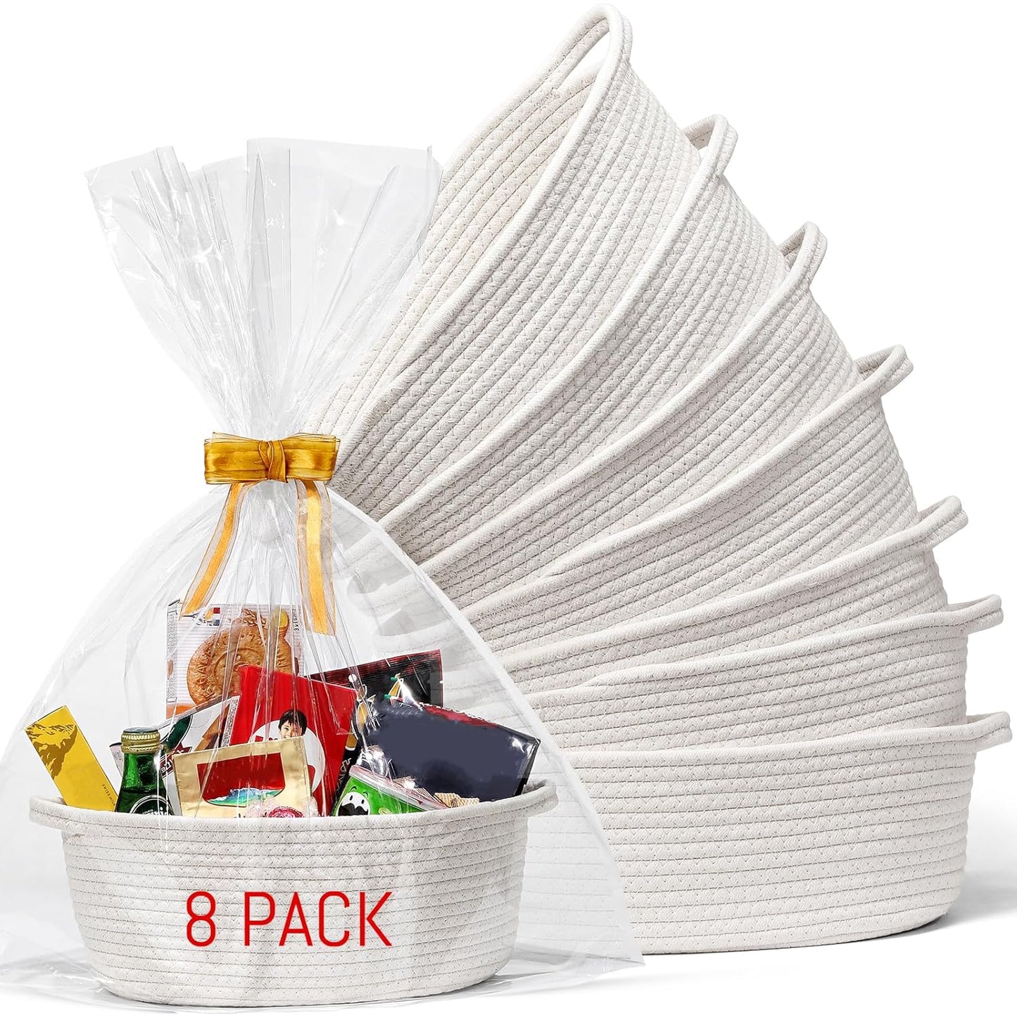 8 Pack Small Woven Basket with Gift Bags and Ribbons, All 12"x 8"x 5", Empty Decorative Chest Box, Cute Baby for Nursery, Cotton Rope Room Shelf Storage Handles, White -