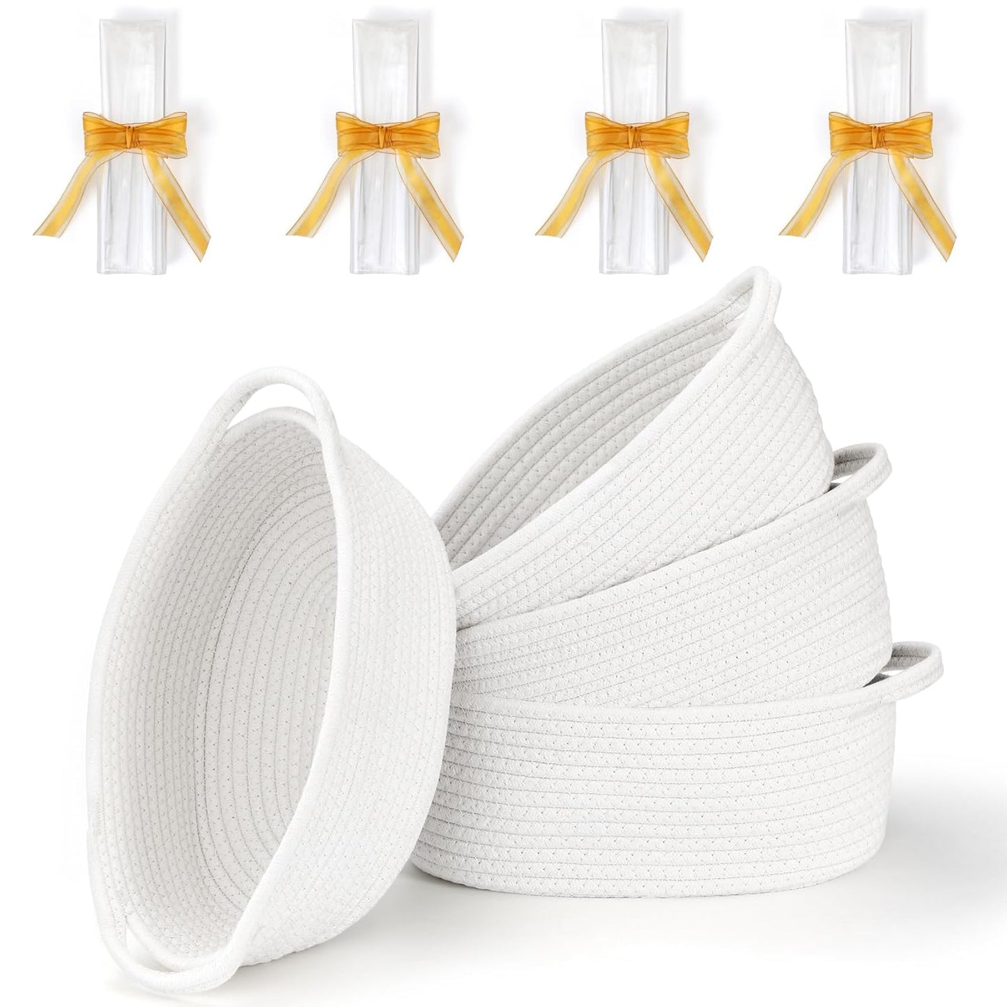 4 Pack Small Woven Basket with Handles, All 12"x 8"x 5", Cotton Rope Room Shelf Storage Basket, Cat Toys, Cute Baby Gift Bags and Ribbons for Nursery, Empty Decorative Chest Box White -