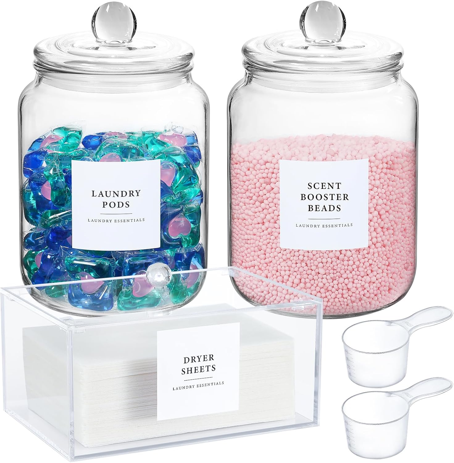 Glass Jars and Dryer Sheet Holder, Dispenser Set with Lids Labels, Containers for Laundry Room Organization Storage, Half Gallon Airtight jars, Acrylic Storage Box supplies, Clear -