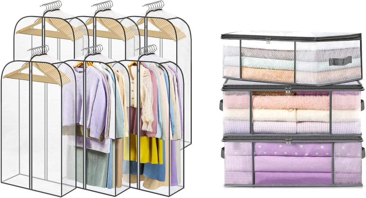 6 Pack Clear Garment Bags-40'' Long, 3 Clothes Storage Bags-35L -