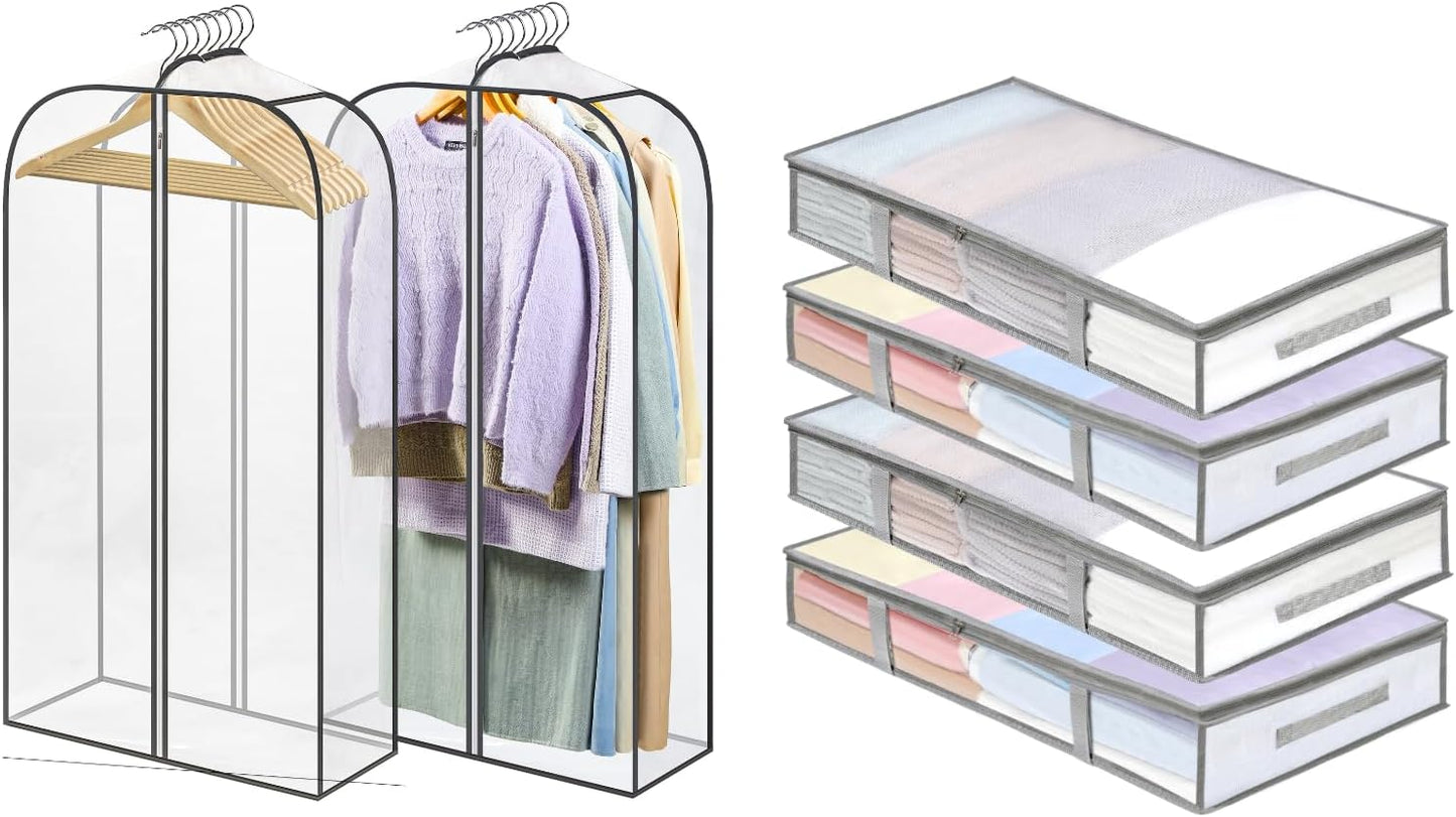 4 Packs Under Bed Storage Containers Bins-55L, 2 Pack Clear Garment Bags-40'' Long -