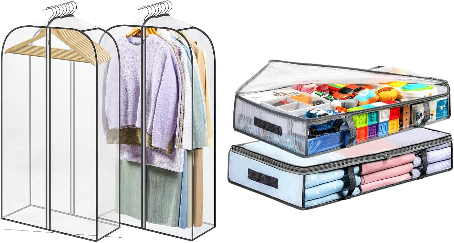 2 Packs Under Bed Storage Containers Bins-55L, Pack Clear Garment Bags-40'' Long -