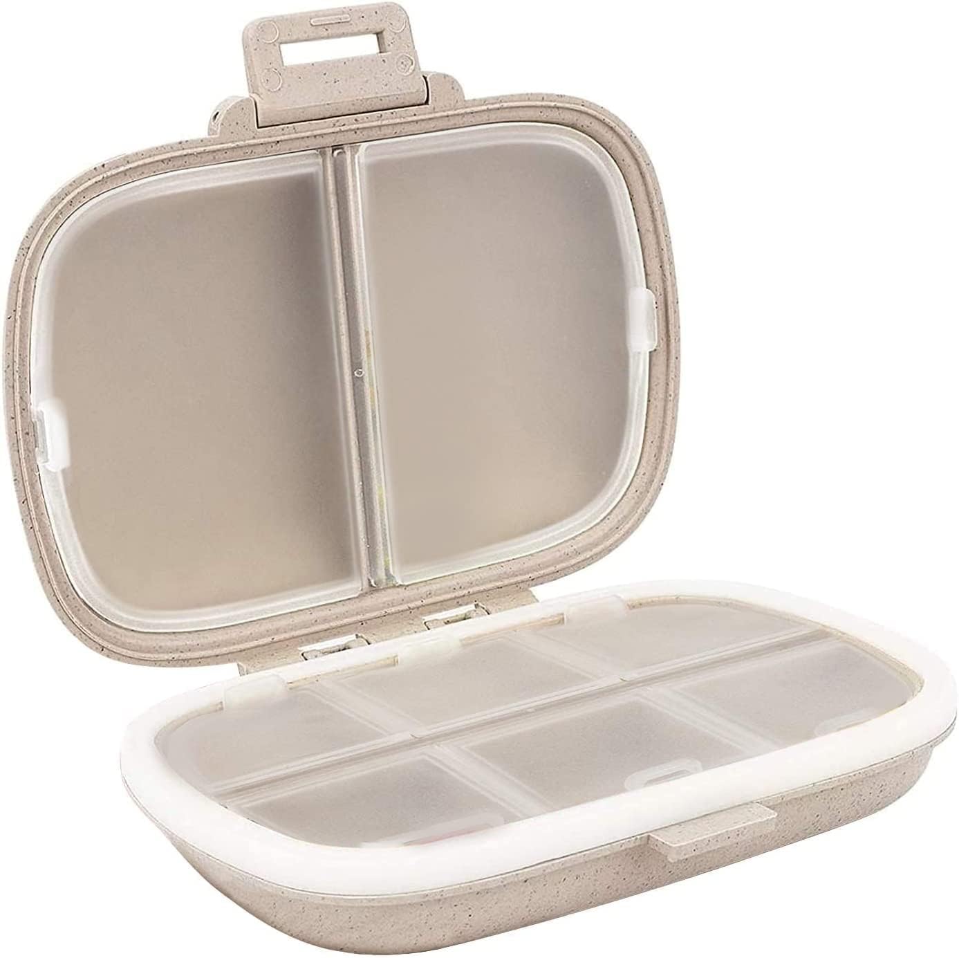 Travel Pill Organizer, 8 Compartments Portable Case, Daily Box to Hold Vitamins, Small Container for Pocket Purse Medicine Organizer（Khaki） Khaki -