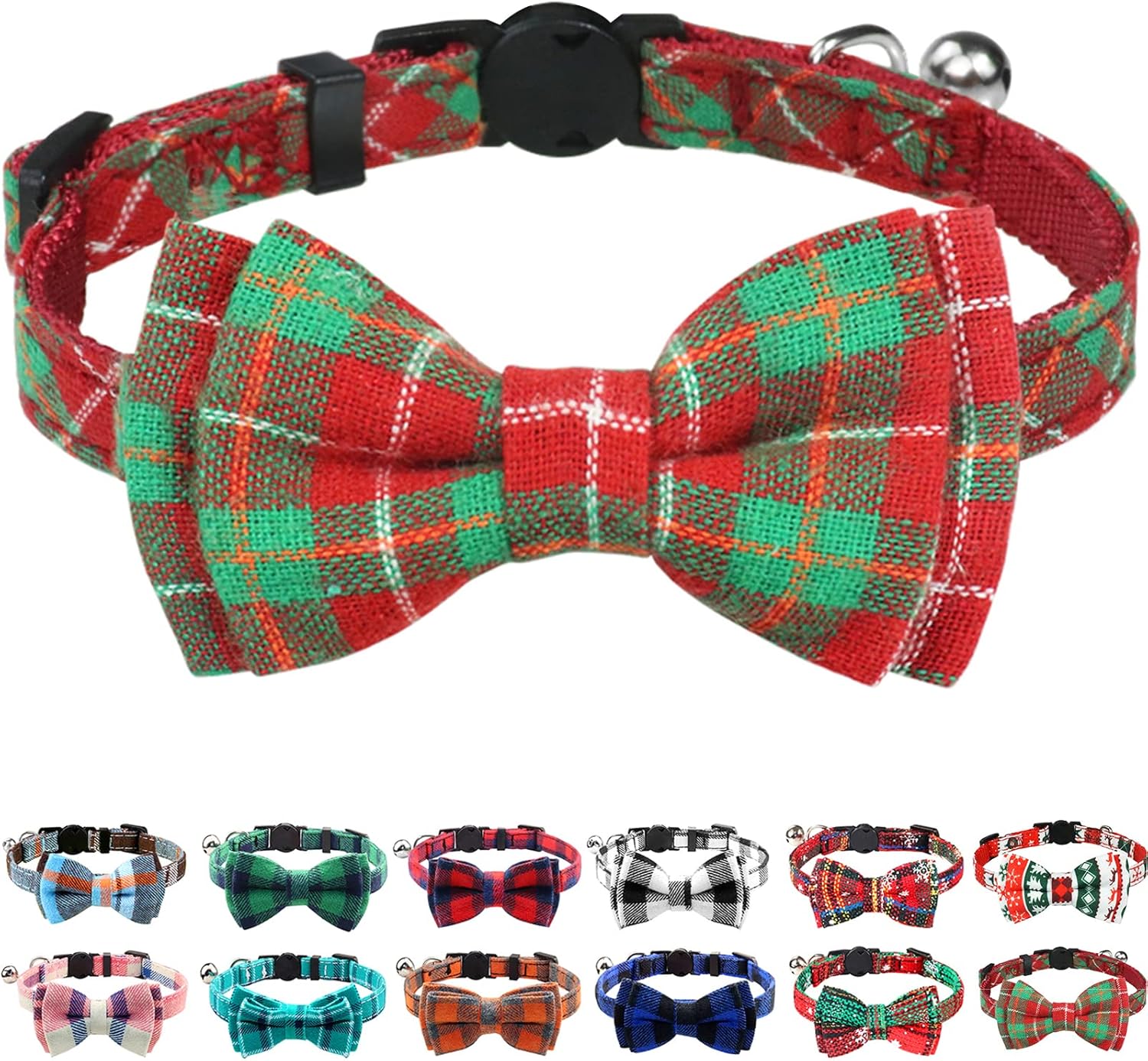 Upgraded Christmas Cat Collar with Bells, Breakaway Collars Bow Tie, 1 Pack Girl Boy Safety Plaid Kitten Collars, Red+Green Red / Green 7-11'' (pack of 1)