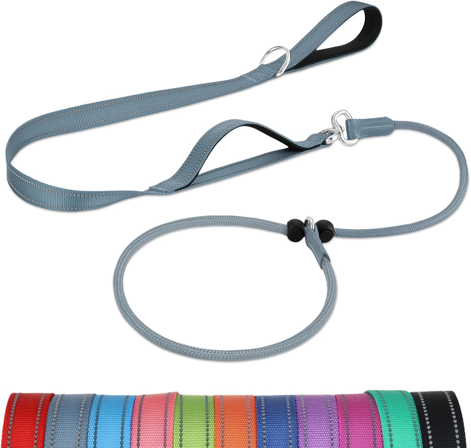 Tangle-Free Slip Leads for Dogs, 6 FT Leash with Padded Double Handle, Reflective Nylon Training Small Medium Dogs 15-40 Lbs, Gray Feet(15-40lbs)