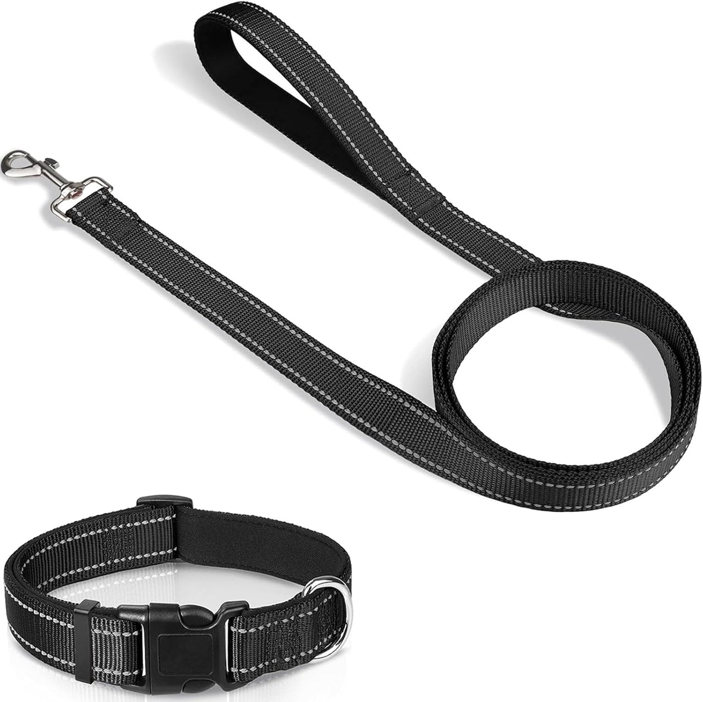 6FT × 1'' Dog Leash and Collar (18-28"), Reflective Soft Neoprene Padded Pet Collars Leashes for Extra Large Dog, Black -