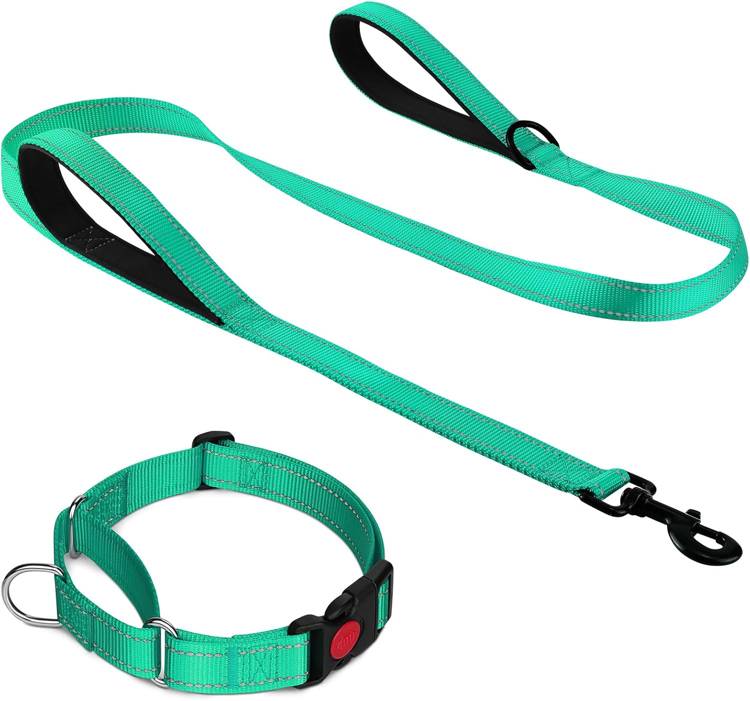 Martingale Dog Collar(12.5-16''), 6FT Double Handle Leash for Training, Teal -