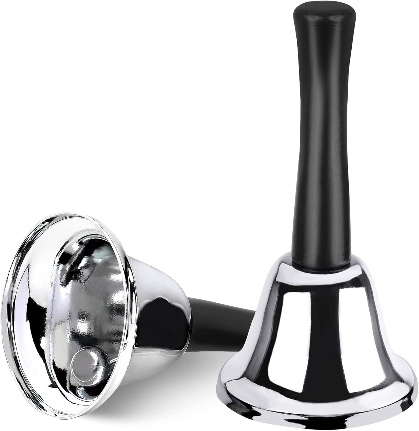 2 Pack Hand Bell, Silver Steel Ringing Bell with Handle, Dinner Bells for Inside Classroom Food Line, Alarm, Jingles, (Silver) -