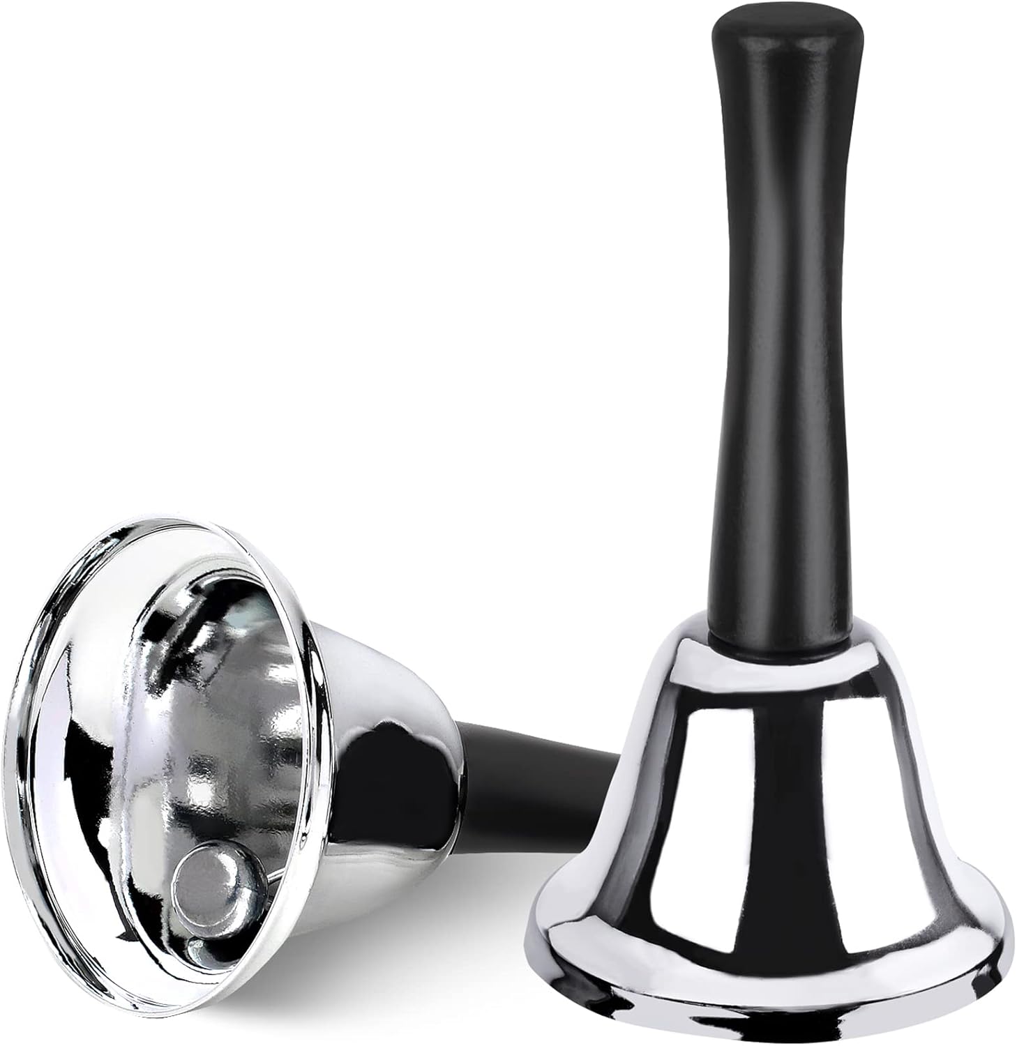 2 Pack Hand Bell, Silver Steel Ringing Bell with Handle, Dinner Bells for Inside Classroom Food Line, Alarm, Jingles, (Silver) -