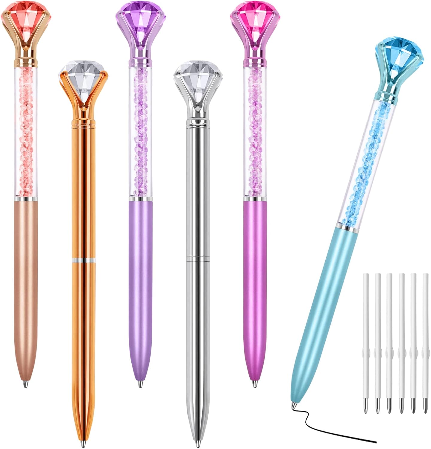6 Diamond Pens with Crystal Top, Bulk Black Ink Refill, for Office, School, Home -