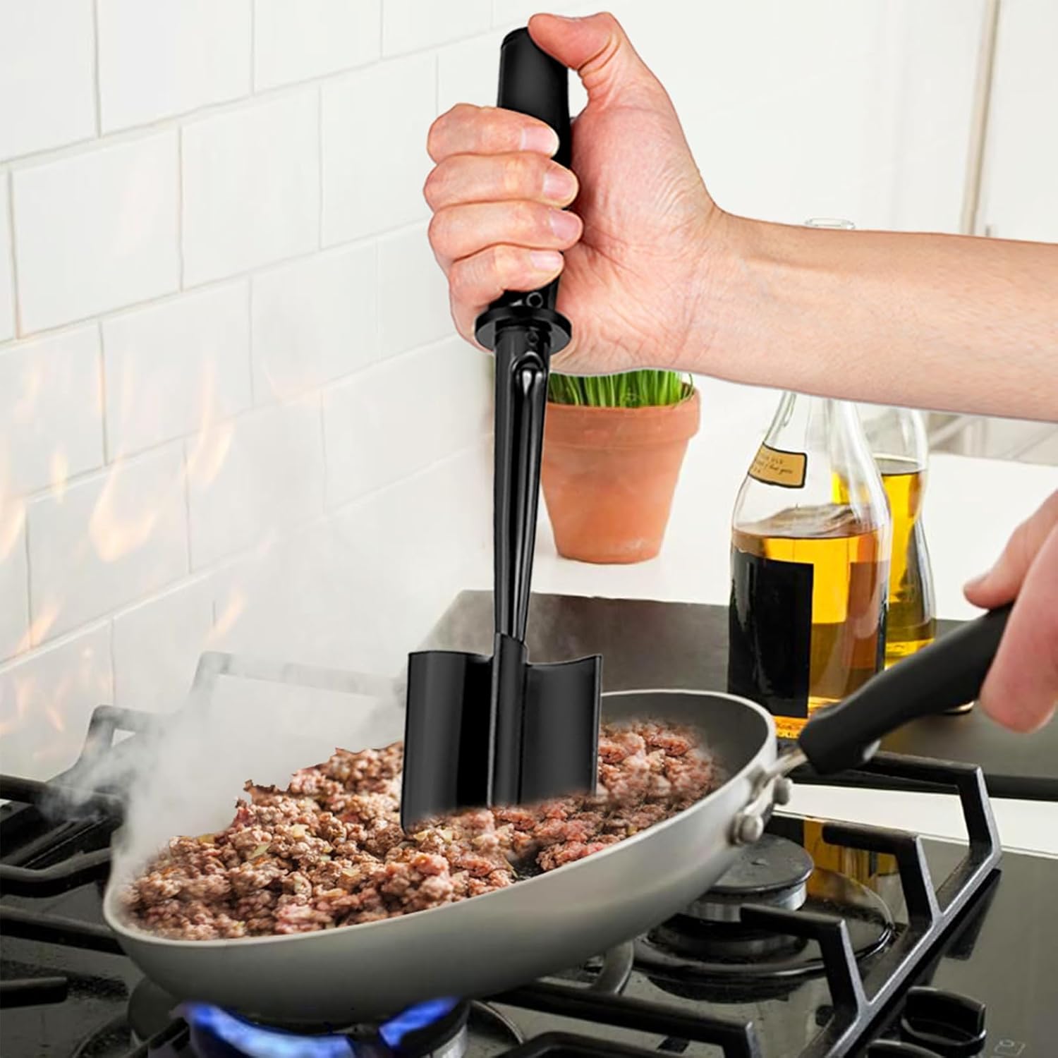 Upgrade Food Masher and Mixer - Non Stick Potato Tool for Hamburger Meat, Ground Beef Mix Chopper Black