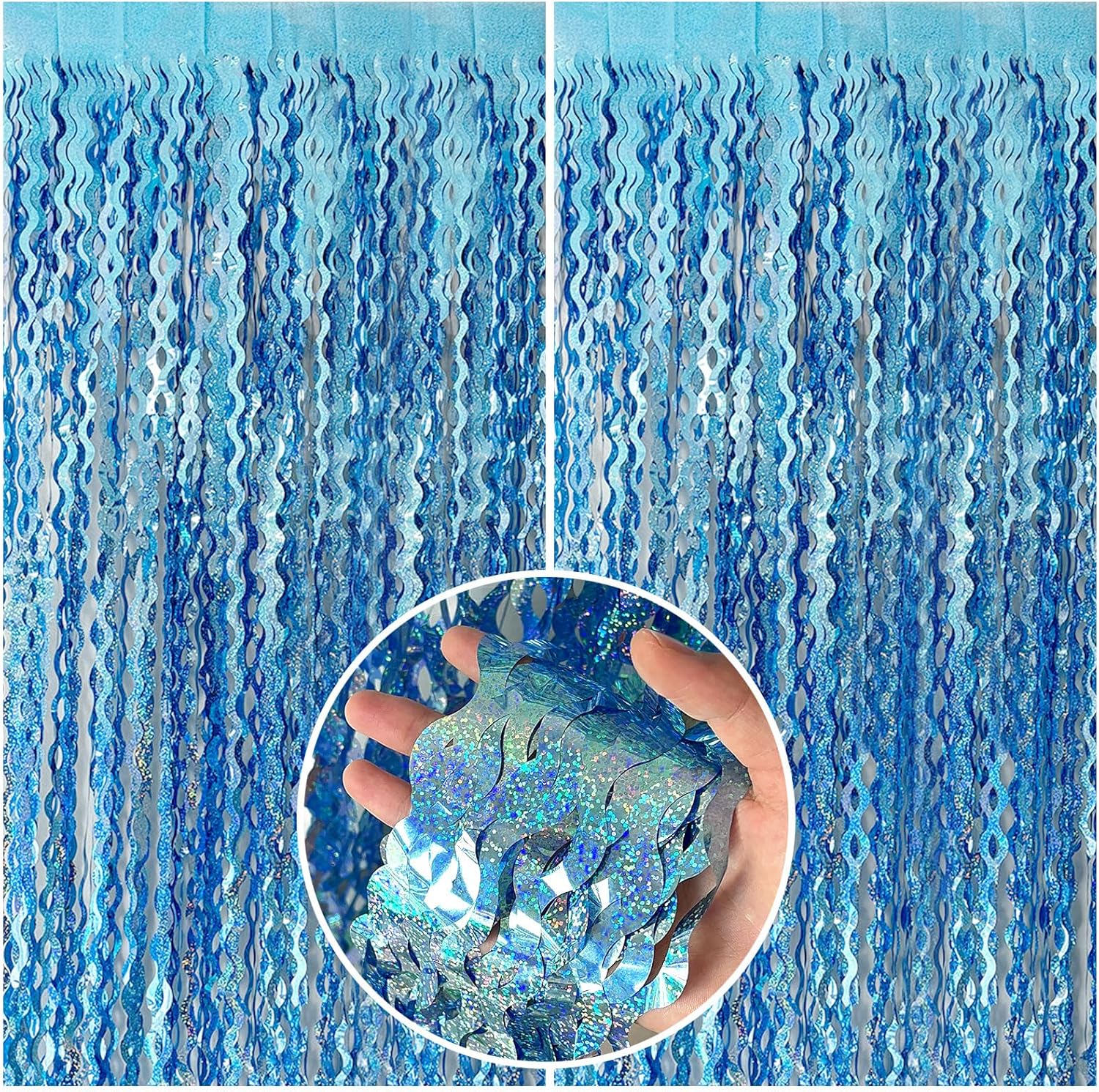 Tinsel Foil Fringe Curtains Wavy Backdrop for Parties Sparkle Metallic Curtain Party Decorations Photo Booth Props Birthday Graduation Wedding Light Blue 2 Pack