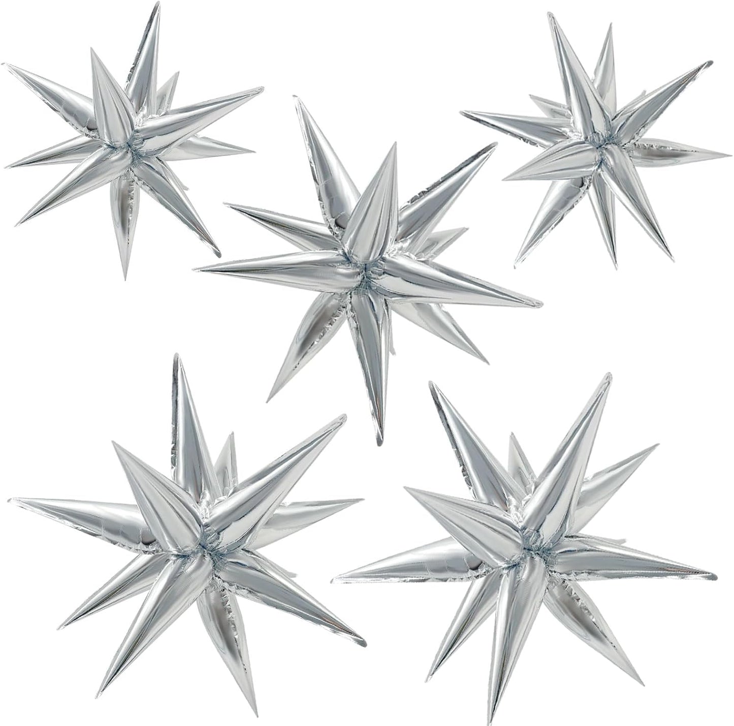 60Pcs Silver Star Balloons Birthday Decorations Explosion Mylar 12 Spike Balloon Large Foil Prom for Wedding Anniversary Christmas New Year Eve Party Backdrops Supplies -