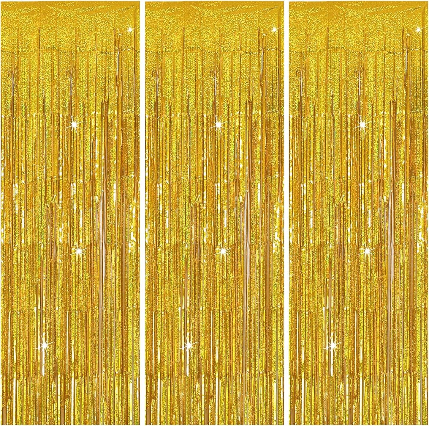 3 Pack Gold Backdrop Birthday Decorations Foil Curtain Streamers Dance Party Photo Booth Props for Bachelorette Christmas Halloween New Years Eve Supplies -