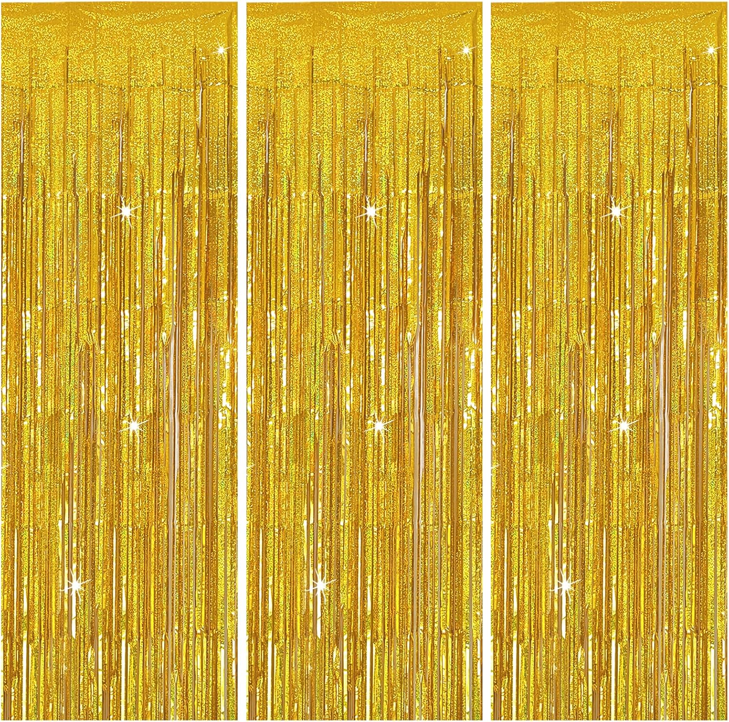 3 Pack Gold Backdrop Birthday Decorations Foil Curtain Streamers Dance Party Photo Booth Props for Bachelorette Christmas Halloween New Years Eve Supplies -