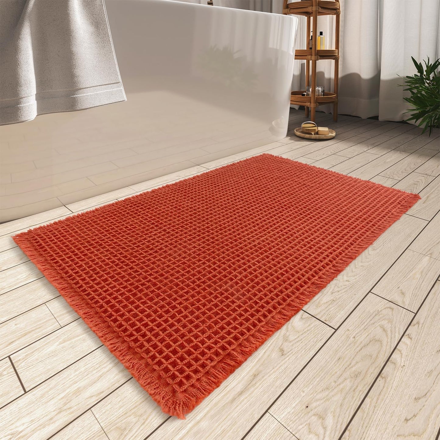 Upgraded Waffle Bath Mat, Super Absorbent Non Slip Mats for Bathroom Floor, Machine Washable Rugs with Tassels, Rubber Backed Mats, Ultra Soft, 18" x 30", Orange -