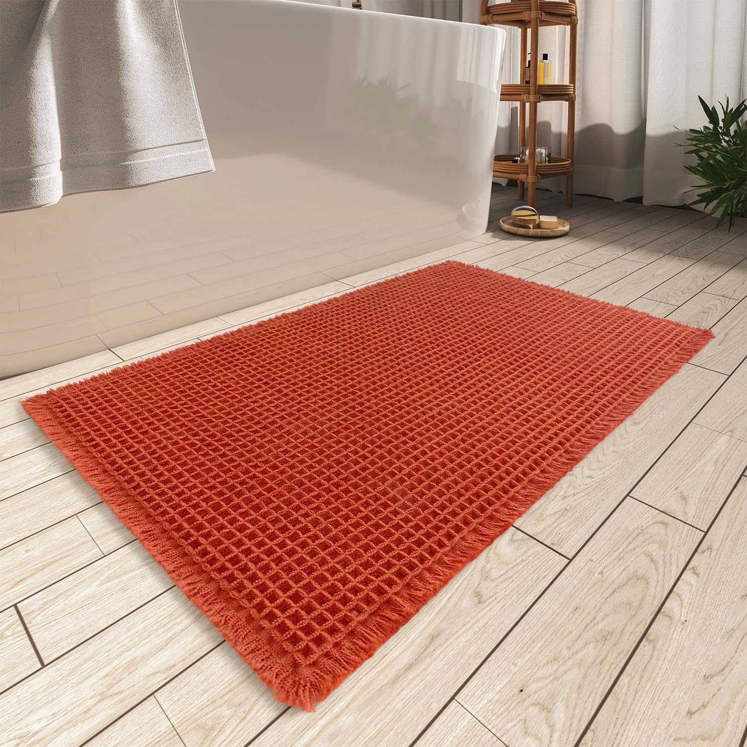 Upgraded Waffle Bath Mat, Super Absorbent Non Slip Mats for Bathroom Floor, Machine Washable Rugs with Tassels, Rubber Backed Mats, Ultra Soft, 18" x 30", Orange -