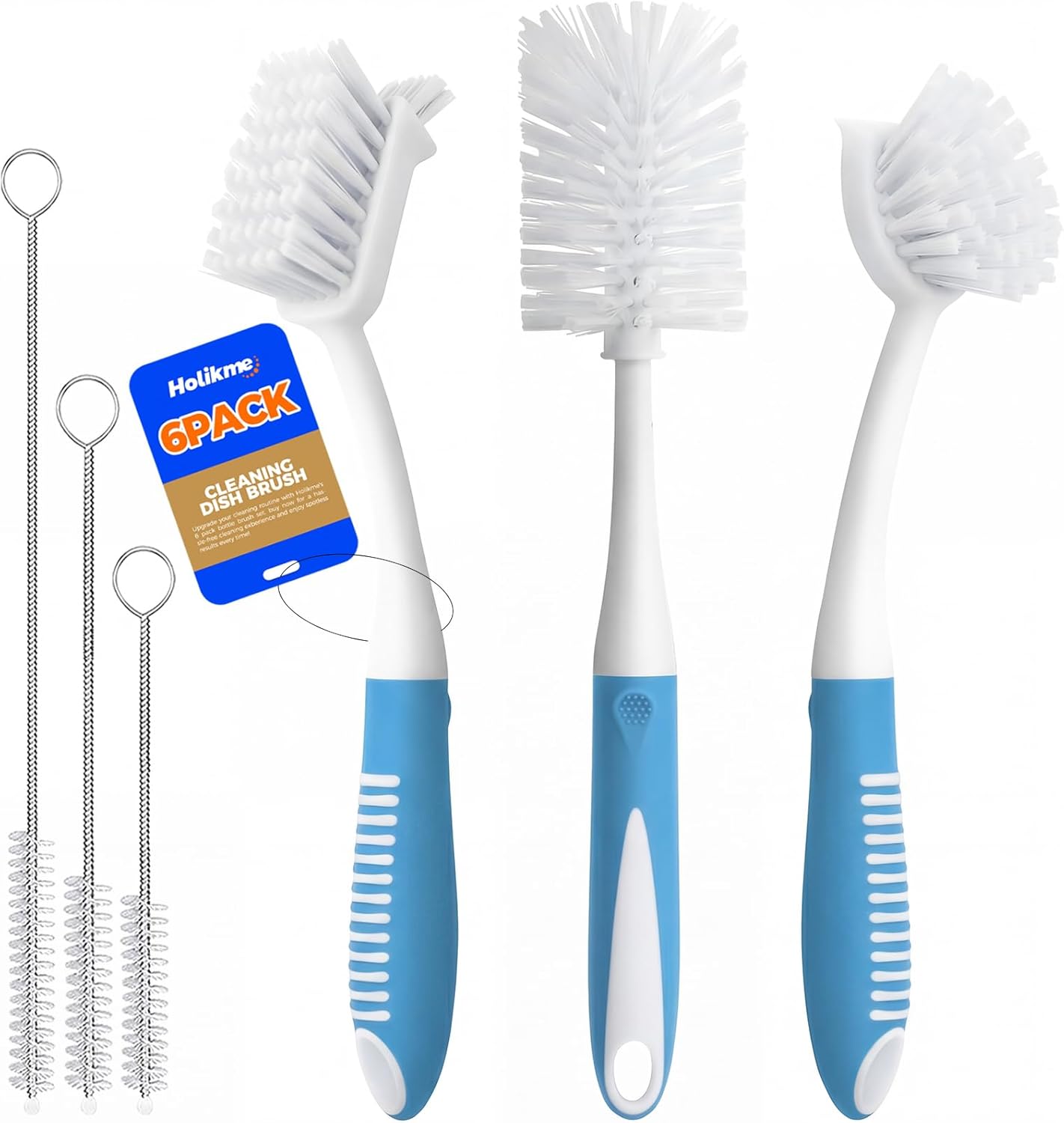 6 Pack Dish Brush Set with Bottle Brush, Scrub Pan and 3 Straw Brushes, Deep Cleaning Handle Scraper Tip for Kitchen Sink Dishes Cup Pot Pans (Blue) -