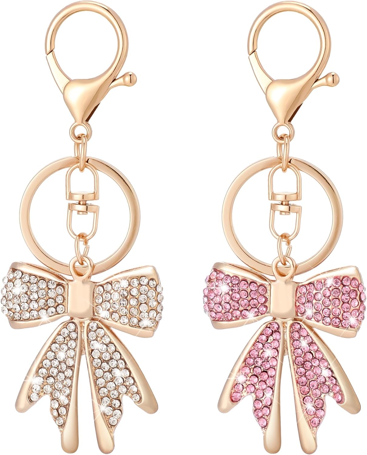 2 Pcs Pink Bow Rhinestone Keychain Cute Backpack Accessories for Mother's Day Gift Cheer Graduation Stocking Stuffer Gold -
