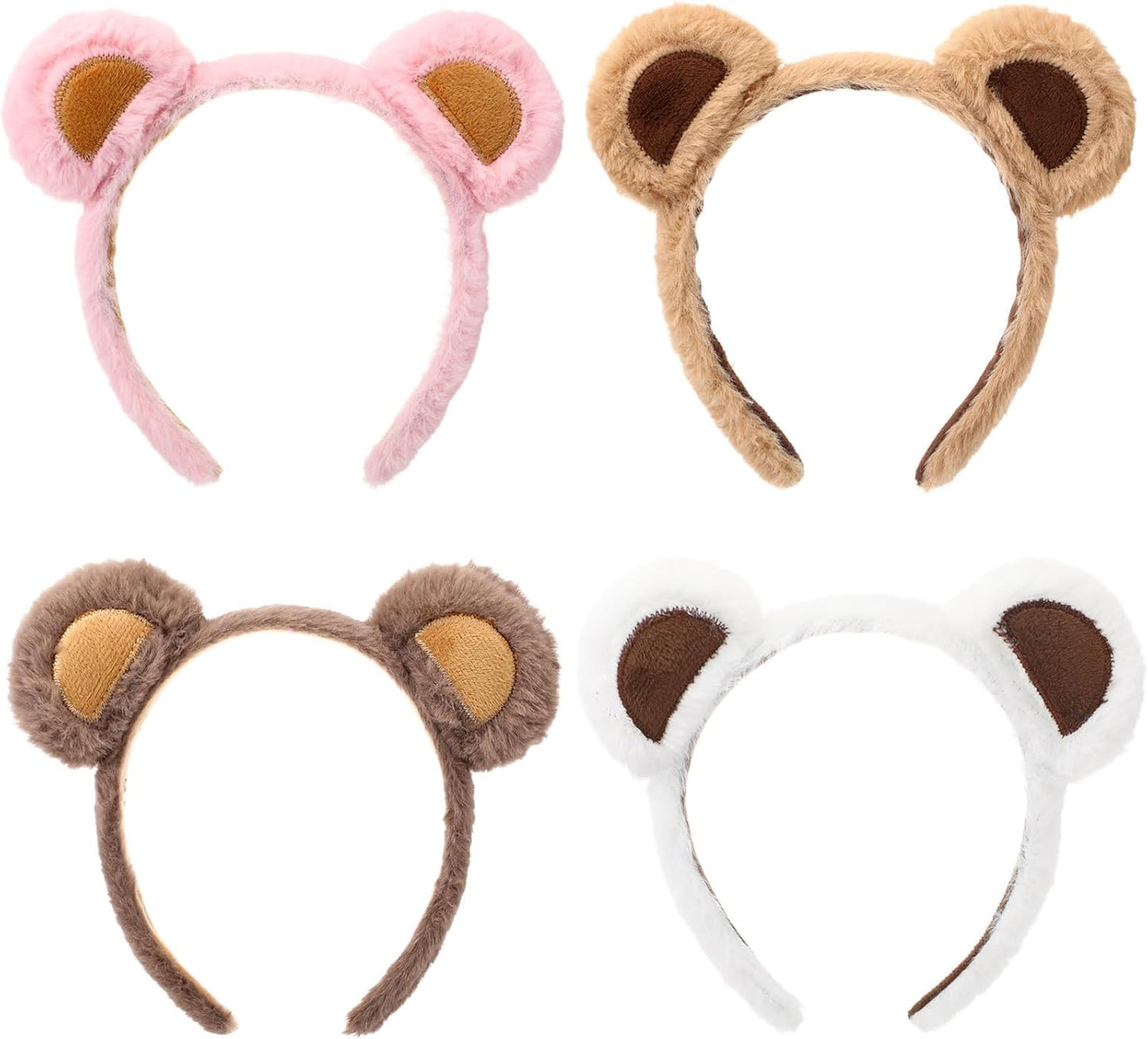 4 Pcs Bear Ears Headbands Bulk for Adults Kids Plush Animal Fluffy Cute Hair Hoops Accessories Birthday Party Cosplay Dress up Makeup Washing Face Women Valentine Girls -