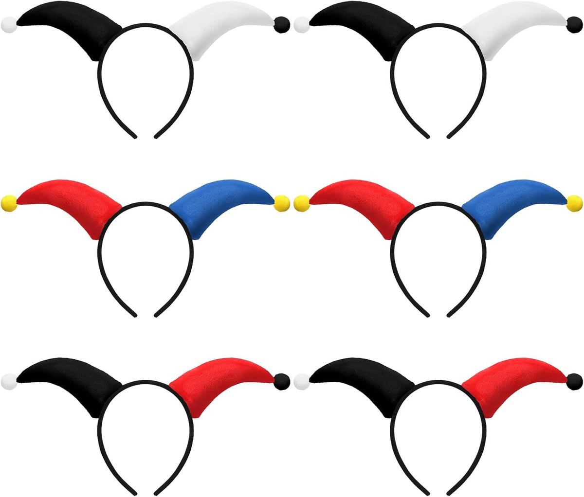 6 Pcs Clown Headband Soft Headbands for Mardi Gras Parties Carnival Circus Events Durable Reusable Hairband Black, Red, Blue, White -