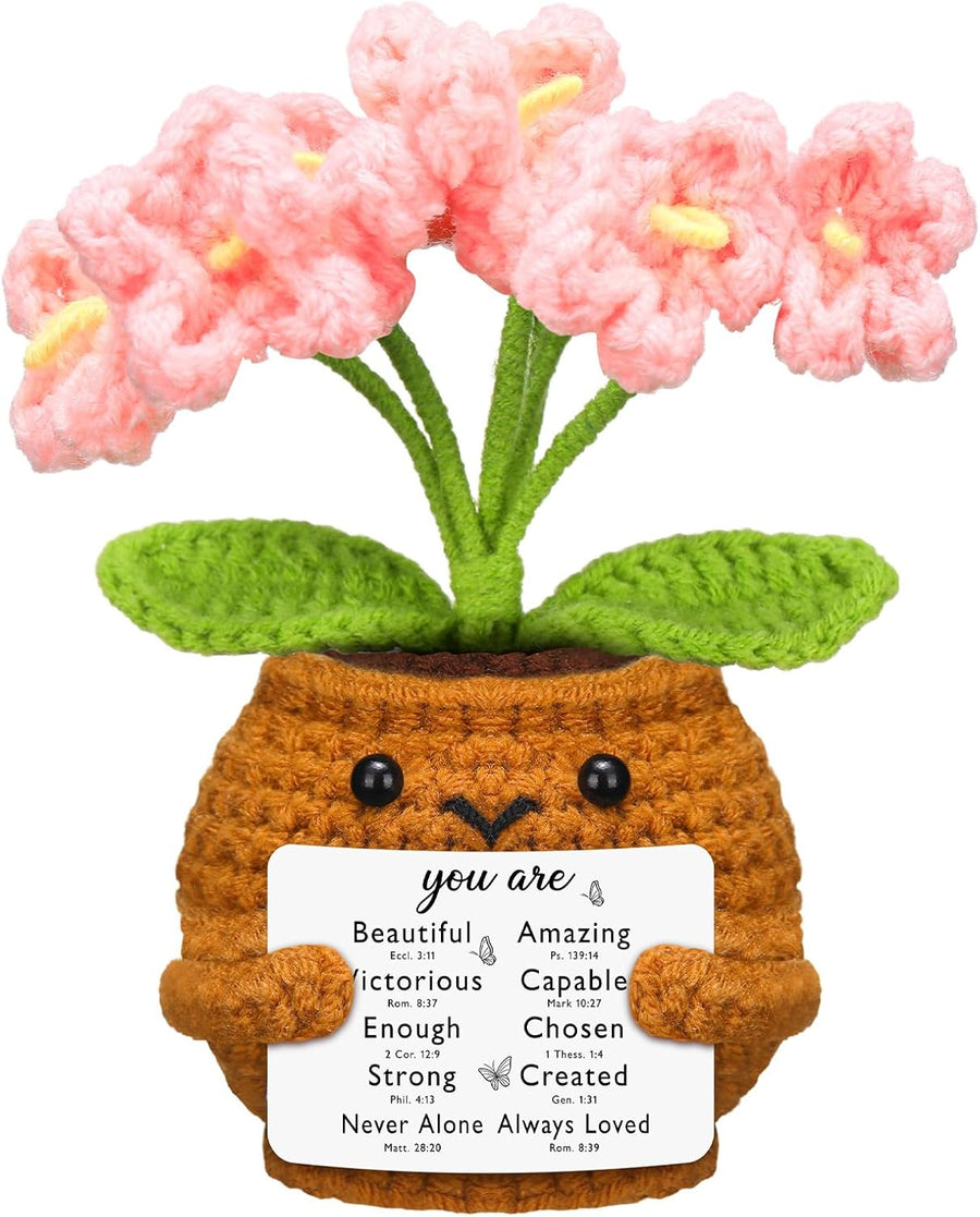 Christian Gift for Women Positive Handmade Crochet Doll with Bible Verse Prayer Card Inspirational Scripture Religious Mother's Day Sunday Group Church(Forget Me Nots) -